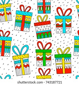 Cute seamless pattern with gift boxes and hearts. Christmas background