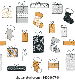 Cute seamless pattern with gifts. Hand Drawn vector illustration. Wrapping paper pattern. Background with abstract elements.
