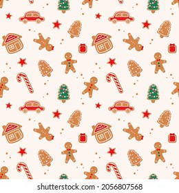 Cute seamless pattern with ginger cookies in cartoon style. New Year and Christmas