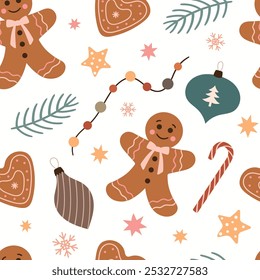 Cute seamless pattern with gingerbread and decorations for Christmas