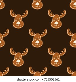 Cute seamless pattern with gingerbread deers for christmas. Holiday cookies on brown background. Vector illustration.