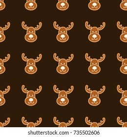 Cute seamless pattern with gingerbread deers for christmas. Holiday cookies on brown background. Vector illustration.