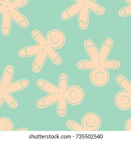 Cute seamless pattern with gingerbread man for christmas. Holiday cookies on blue backgroud. Vector illustration.