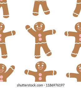 Cute seamless pattern with gingerbread men. Ginger cookies on a white background. Christmas pattern. Vector background. Suitable for printing on wrapping paper, cases, fabric, textiles.