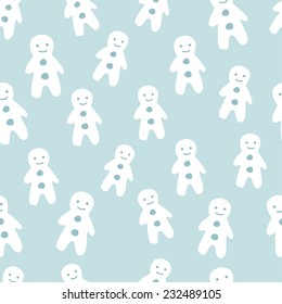 Cute seamless pattern with gingerbread snowman on blue background