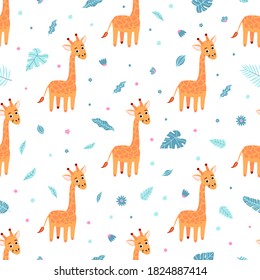 Rein nahtloses Muster mit Giraffe und exotischen Blättern auf weißem Hintergrund. Design für Druck, Tapete, Geschenkverpackung, Textilien. Vektorgrafik