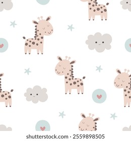 Cute seamless pattern with giraffe. Kids cartoon animal design. Use for prints, textiles, fabric, wallpaper, stationery, nursery, wrapping paper, etc.