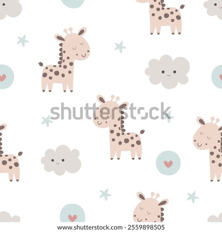 Cute seamless pattern with giraffe. Kids cartoon animal design. Use for prints, textiles, fabric, wallpaper, stationery, nursery, wrapping paper, etc.
