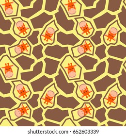 Cute seamless pattern with giraffe skin pattern and giraffe head. Vector illustration