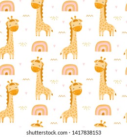 Cute seamless pattern with giraffes and rainbows. Vector childrens background. Suitable for printing on wrapping paper, textiles, fabrics, clothing, wallpaper.
