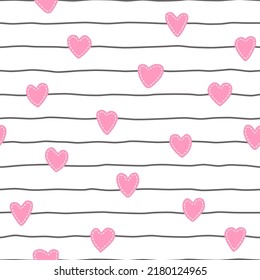 Cute seamless pattern. Girl background with pink heart and stripes. Repeated kid cartoon texture. Repeating hand drawn baby patern. Graphic design for prints. Child backdrop. Vector illustration