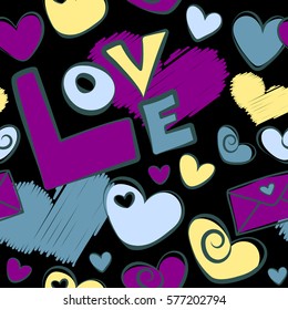 Cute seamless pattern for girls and boys. Creative vector background is made up of hearts in blue, yellow and purple colors. It can be used to create prints, packaging, simple designs.