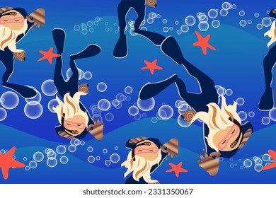 Cute seamless pattern. Girls divers underwater, bubbles and starfish