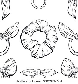 Cute seamless pattern for girls with hand-drawn bows highlighted on a white background. Graphic bow in vector. Background with bows vector. Women's accessories: bows, elastic bands vector graphics.