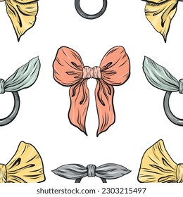 Cute seamless pattern for girls with hand-drawn multicolored bows highlighted on a white background. Graphic bow in vector. Background with bows vector. Accessories for girls vector.