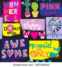 Cute seamless  pattern for girls. Summer background with  holographic cat, cactus, donut, calligraphic slogan. Modern pattern for textiles, clothing, print, wrapping paper and other