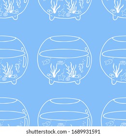 Cute seamless pattern with glass aquariums and marine life in white on light blue. Vector background image for fabric, textile, scrapbook, gift wrapping paper. Ideal for baby projects. Vector illustra
