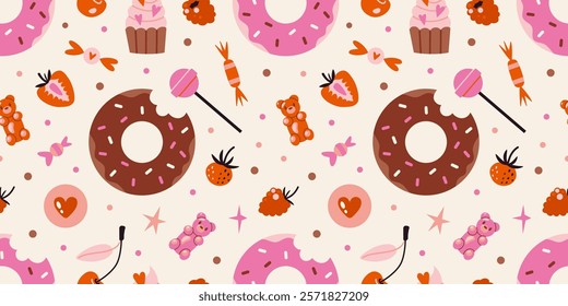 Cute Seamless pattern with glazed donuts, cupcakes, candies and berries. Sweets and desserts concept. Trendy modern vector illustration on light background, hand drawn, flat design