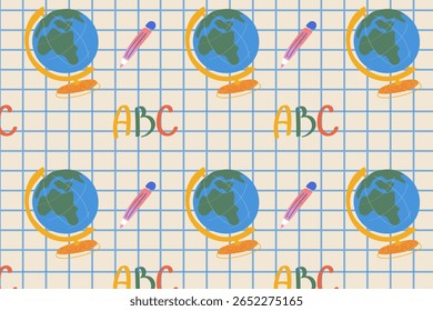 Padrão perfeito bonito com globos, letras ABC e lápis no papel de grade - Projeto de volta à escola para crianças e projetos educacionais