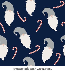 Cute seamless pattern with a gnome in a hat, Merry Christmas