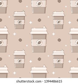 Cute seamless pattern with to go coffee cups, coffee beans and sparkling stars. Brown background. Flat linear style illustration. Vector.