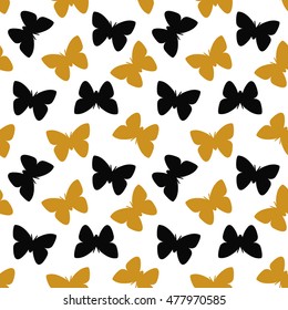 Cute seamless pattern with gold and black butterfly silhouettes isolated on white background. Stock vector illustration in Art Deco style for wrapping, fabric print, banner, wallpaper, cover, poster