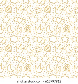 Cute seamless pattern with gold elements cloud, moon, crown, diamond, heart, star on a white background. It can be used for packaging, wrapping paper, textile, phone case etc.