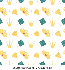 Cute seamless pattern with golden crown heart and colorful gem elements in flat style