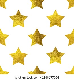 Cute Seamless Pattern With Golden Glitter Stars Isolated On White Background. Gold Foil Star Shiny Background. Vector Illustration EPS 10 File.