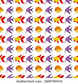 Cute seamless pattern with goldfish, Moorish idol, hedgehog fish on a white background. Sea animals in a flat style. Cartoon wildlife for web pages.
Stock vector illustration for decor and design