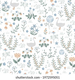 Cute seamless pattern with goose and doodle flowers. Vector illustration.