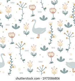 Cute seamless pattern with goose and doodle flowers. Vector illustration.