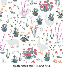Cute seamless pattern with goose and doodle flowers. Geese in the spring garden. Vector illustration on white background.