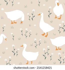 Cute seamless pattern with goose and doodle flowers. Geese in the grass. Vector illustration on white background.