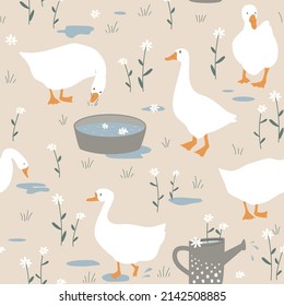 Cute seamless pattern with goose and doodle flowers after the rain. Geese in the grass. Vector illustration on white background.