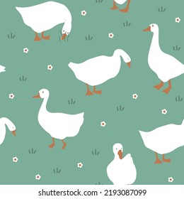 Patrón perfecto con flores de ganso y de doodle. Geese en la hierba. Ilustración vectorial sobre fondo verde claro. 