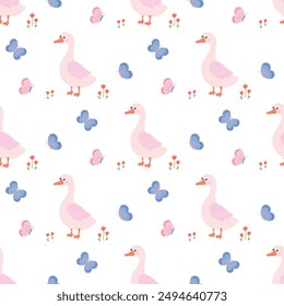 cute seamless pattern with goose, flowers and butterflies, vector illustration on white background, print for kids