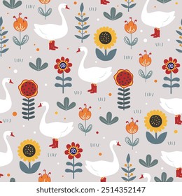 Cute seamless pattern with goose in red boots and doodle flowers. Vector illustration