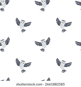Cute seamless pattern with gray owls in cartoon style. Creative vector childish background for fabric, textile or wrapping paper.