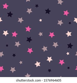 cute seamless pattern in gray-violet background with multi-colored stars - pink, black, white