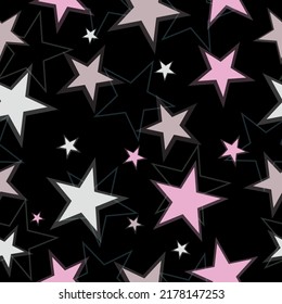 cute seamless pattern in gray-violet background with multi-colored stars - pink, black, white Modern paint pattern for birthday card, party invitation, wallpaper sale, holiday wrapping paper.