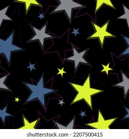 cute seamless pattern in gray-violet background with multi-colored stars - pink, black, white Geometric shapes ornament. Repeating texture. Backdrop. Wallpaper.
