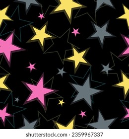 cute seamless pattern in gray-violet background with multi-colored stars - pink, black, white stars seamless pattern full color on black background vector eps10 editable.