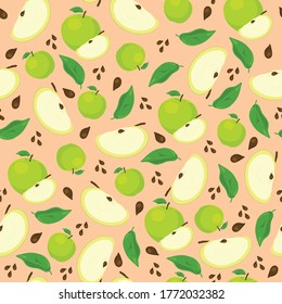 Patrón perfecto con manzanas verdes, hojas y semillas. Fresco fondo romántico para tu diseño.