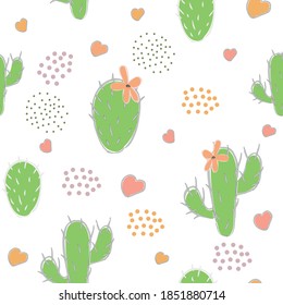 Patrón perfecto con cactus verdes, puntos agrupados y corazones sobre fondo de papel blanco. Ilustración vectorial