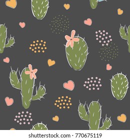 Cute seamless pattern with green cacti and hearts on black background. Vector Illustration