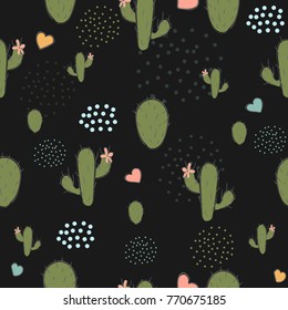 Cute seamless pattern with green cacti and hearts on black background. Vector Illustration