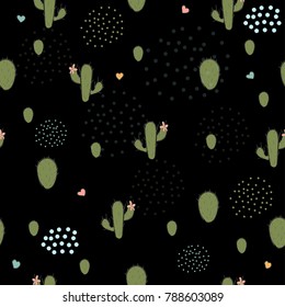 Cute seamless pattern with green cacti and hearts on black background. 