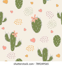 Cute seamless pattern with green cacti, grouped dots and hearts on white paper background