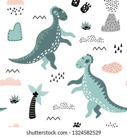 Cute seamless pattern with green dinosaurs. Vector scandinavian style children's background. Lake, mountains, volcano, bushes, palm, clouds. Suitable for printing on fabric, paper, clothing, textiles.
